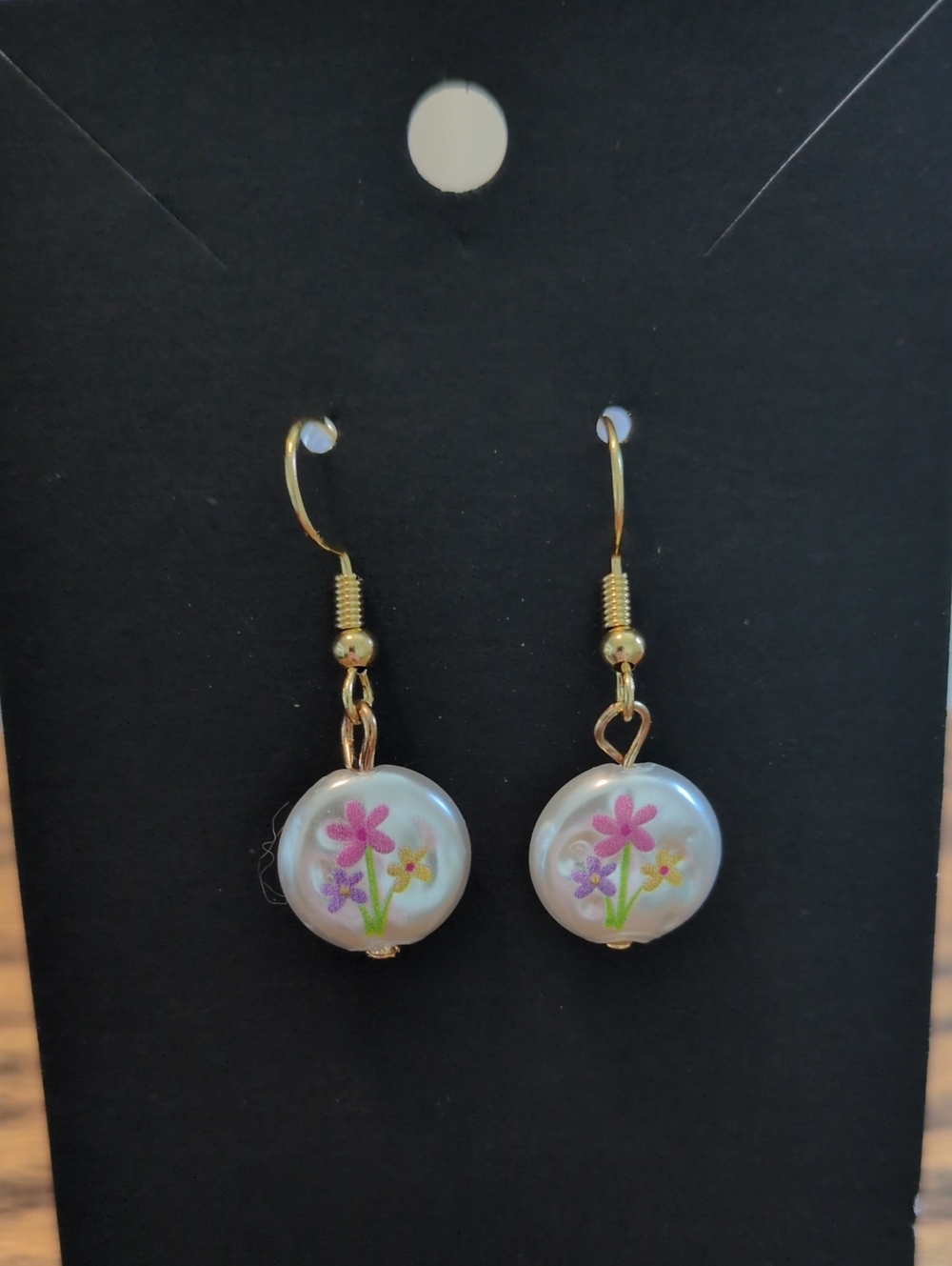 Gold-Tone Pearl Drop Earrings with Pink Floral Detail